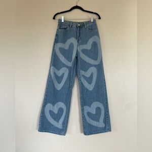 SHEIN Wide Leg Jeans Women’s Size Small Blue Heart Print High Rise Stone Wash